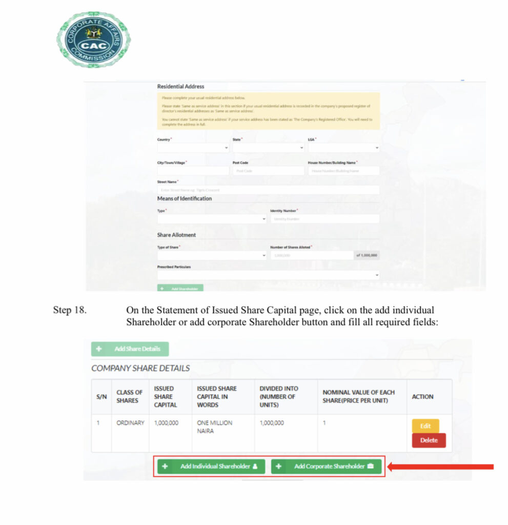 Shareholders details for CAC registration