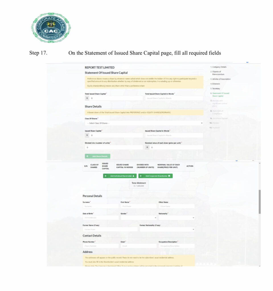 Shareholders details for CAC registration