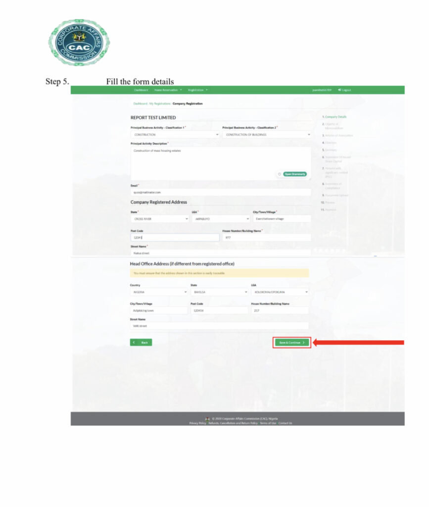 Business Details for CAC registration